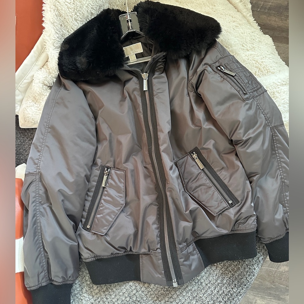 MICHAEL Michael Kors Dark Brown Bomber Jacket with Black Fur Collar